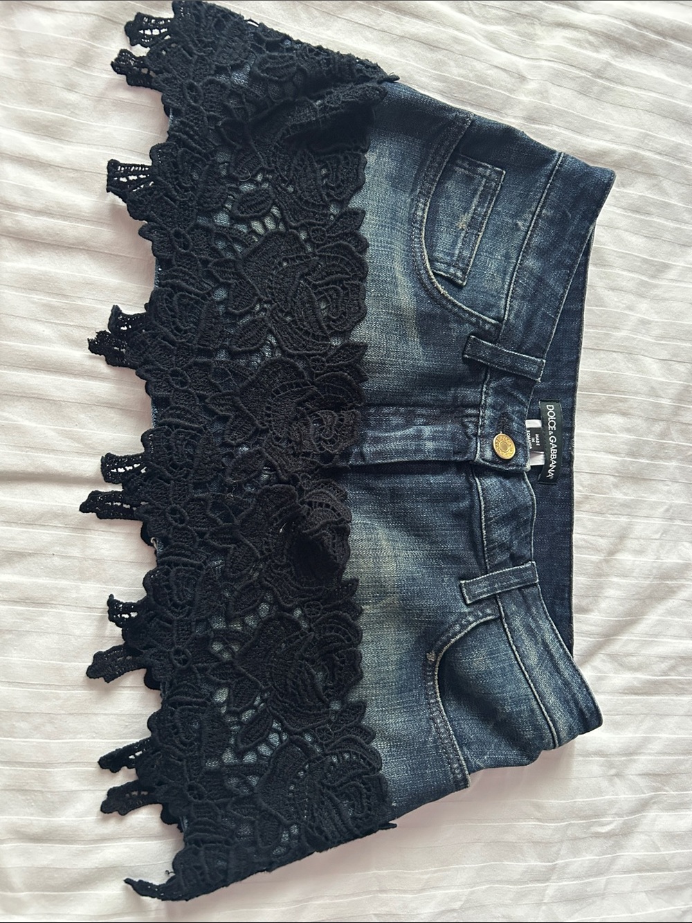 Vintage Y2K Dolce & Gabbana Dark Blue Denim Mini Skirt with Black Lace Trim